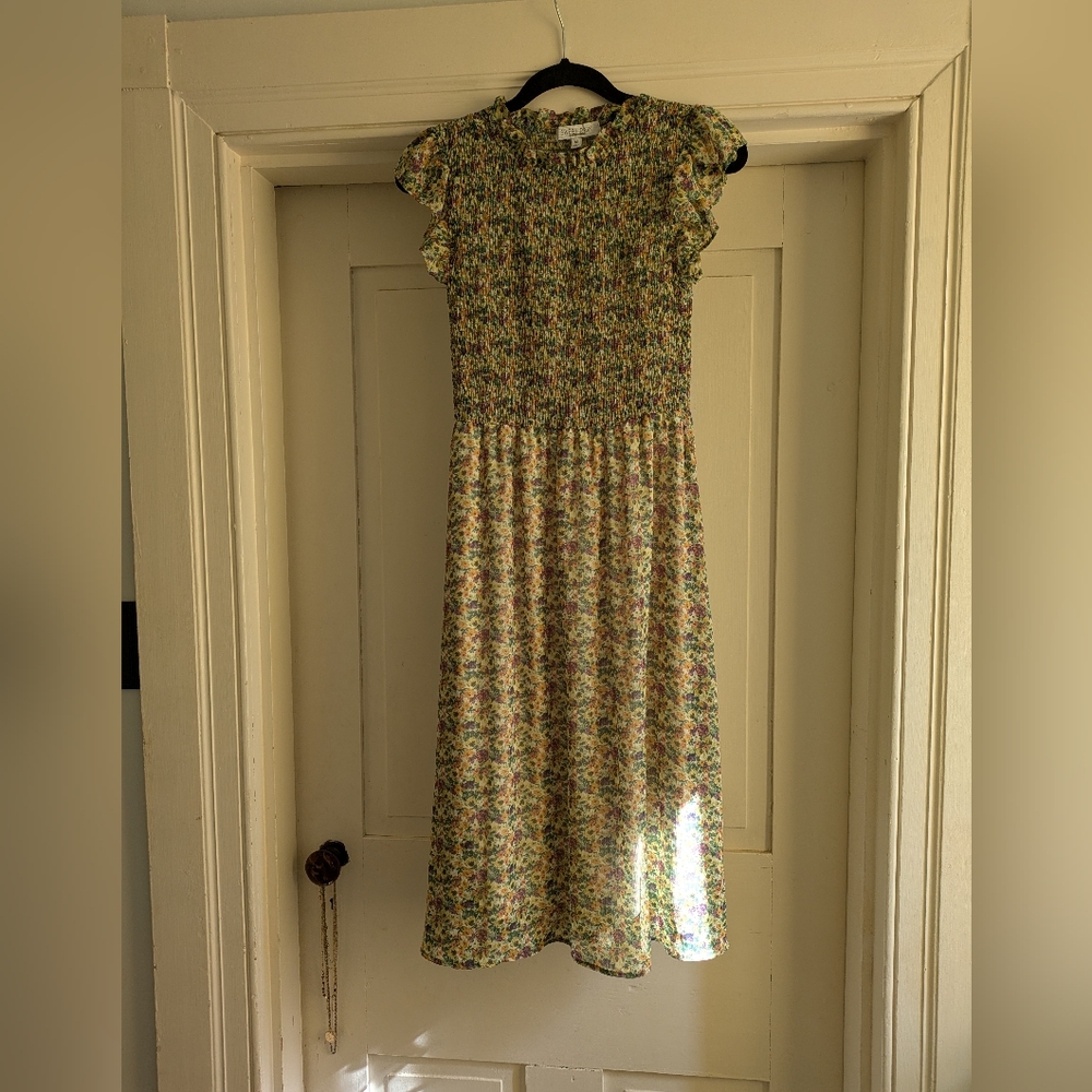 Rain Cottagecore/Twee Midi Dress w/ Smocking Top & Delicate Ruffle Sleeve- M - Picture 3 of 3